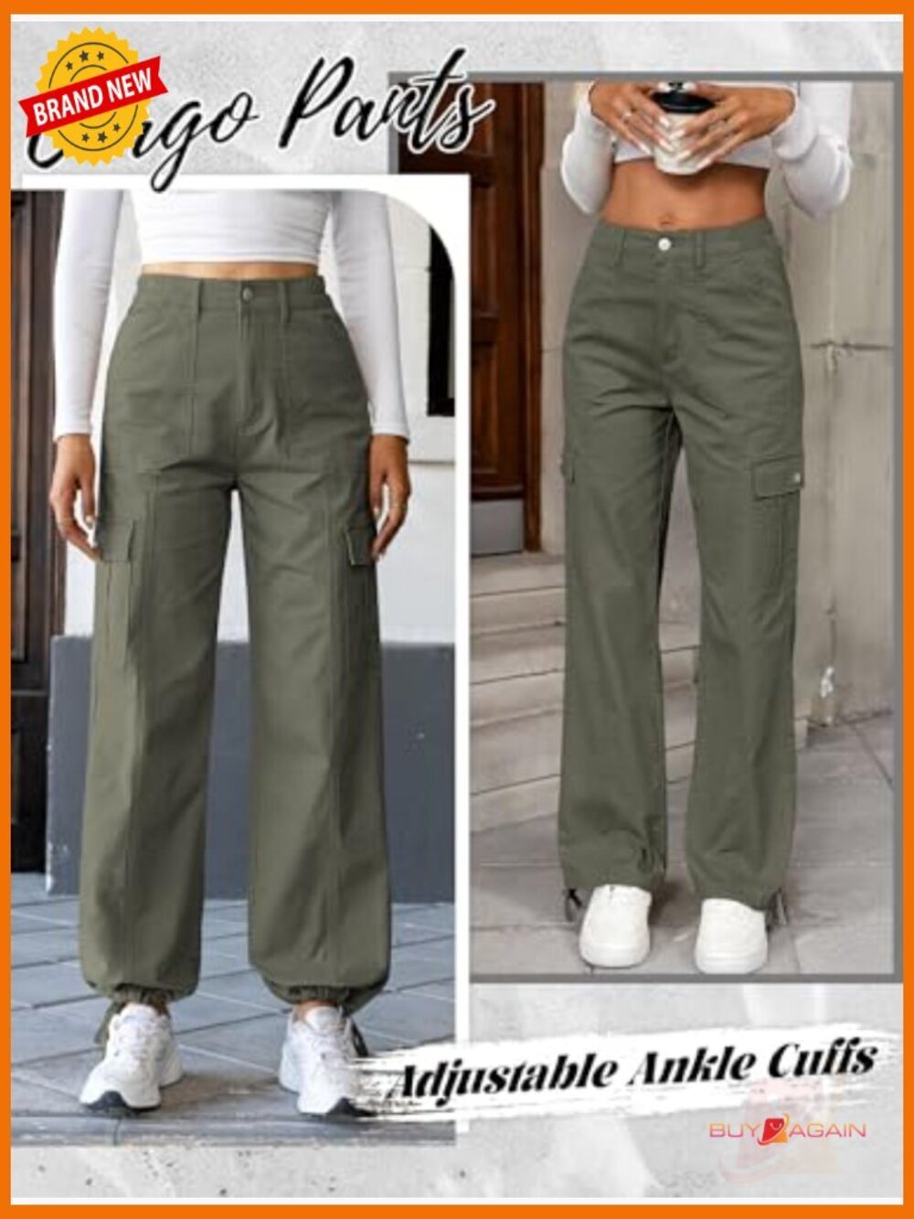 Wide Leg Baggy Cargo Jeans High Waisted Stretch Drawstring Ankle Cuff 6 Pockets - Picture 4 of 7